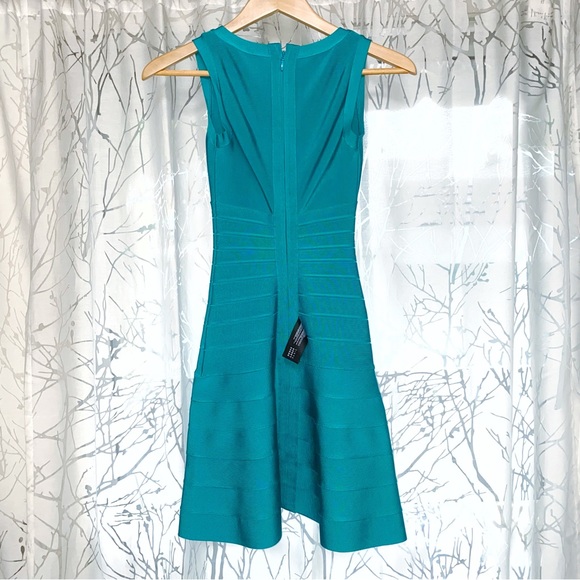 Herve Leger Teal turquoise bandage bodycon sleeveless a-line fit & flare dress - Picture 5 of 10